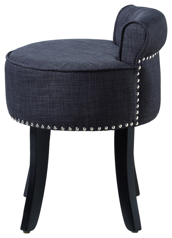 Ludovic Linen Contemporary Nailhead Trim Rolled Back Vanity Stool, Dark Grey