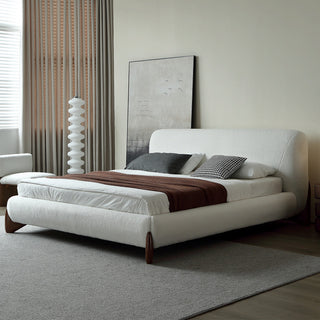 White Boucle Platform Bed King Size Bed Frame with Upholstered Headboard