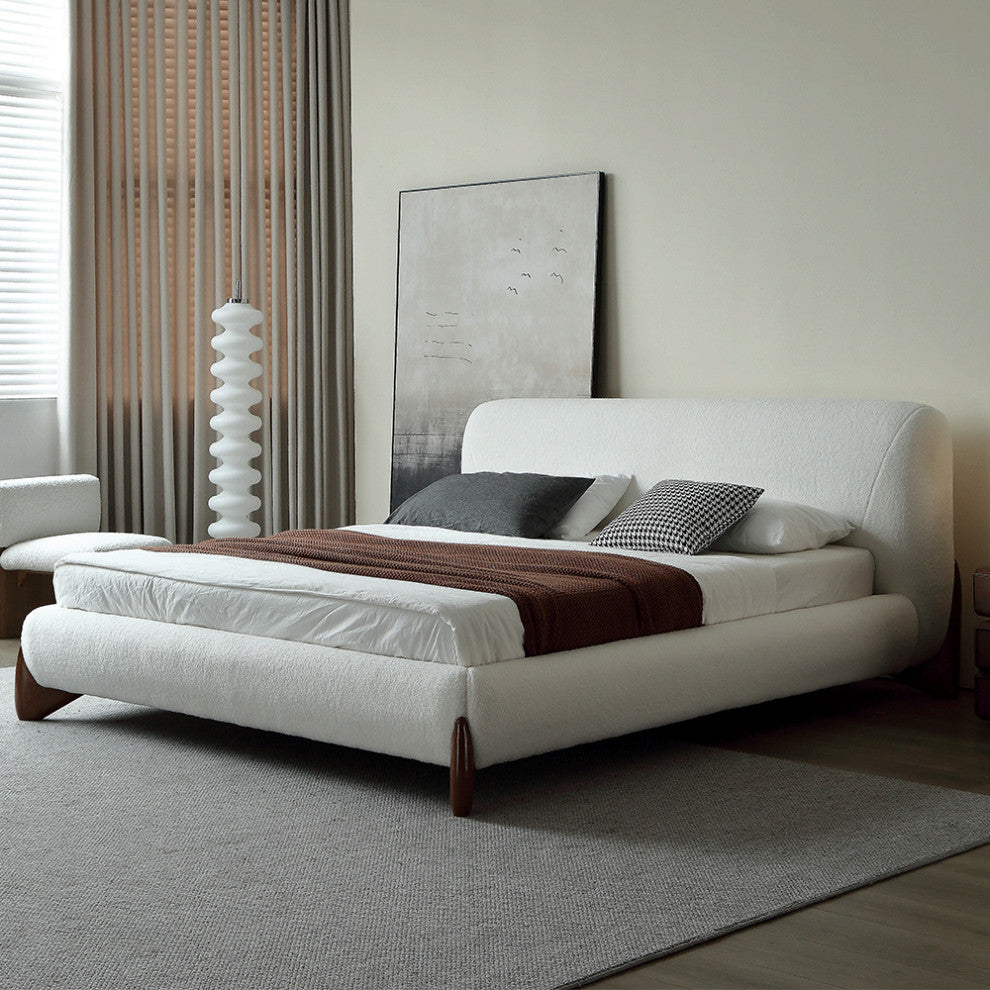 White Boucle Platform Bed King Size Bed Frame with Upholstered Headboard