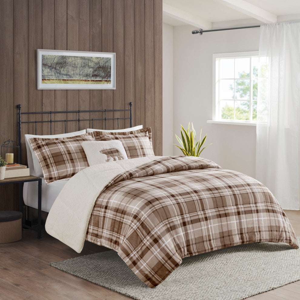 Woolrich Alton Plush to Sherpa Winter Comforter Set, Plaid Taupe, King