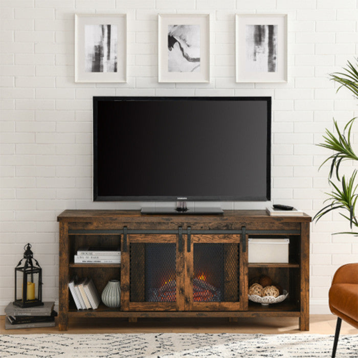 Farmhouse fireplace tv stand 65 inch rustic Cabinet Door with wood 4 Storage She
