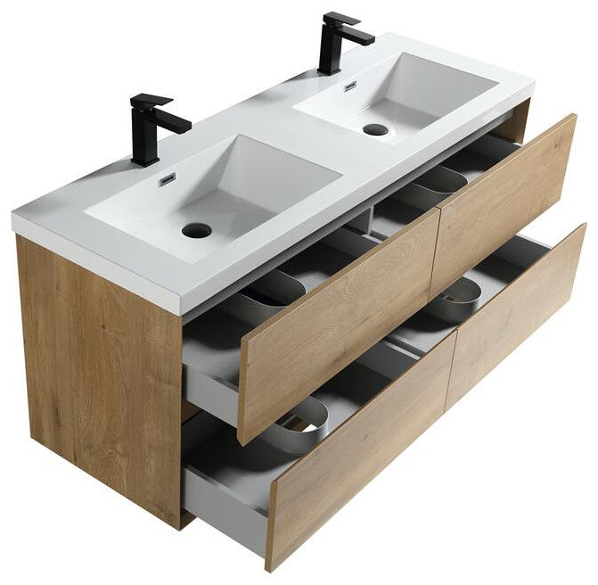 Ashley 60'' Floating Vanity, Acrylic Top, Double Sink, White Oak