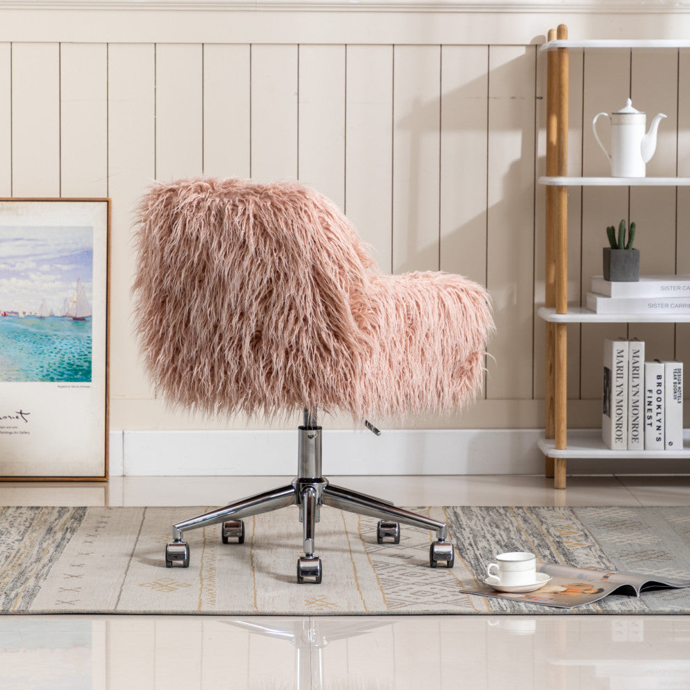 Modern Faux fur home office chair, fluffy chair for girls, Pink