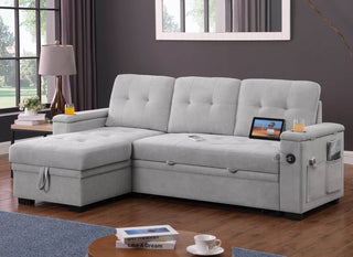 Ashlyn II 84"W Woven Fabric Reversible Sleeper Sectional, Storage & USB, Gray