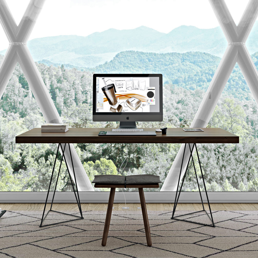Contemporary Wire Leg Home Office Desk, Walnut/Black Legs