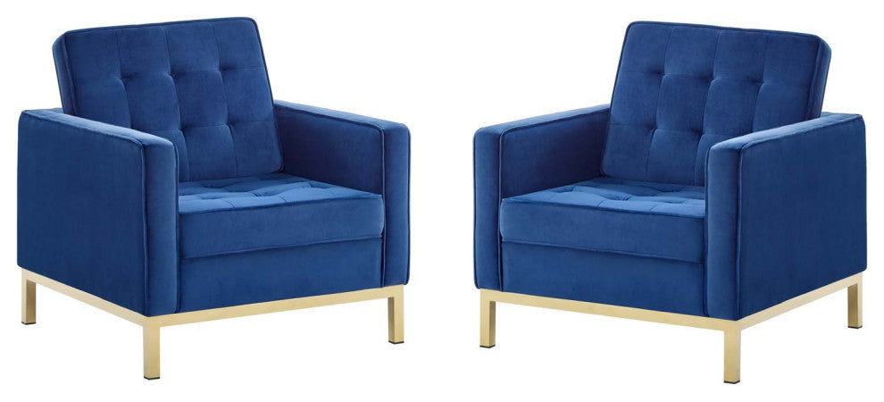 Armchair Accent Chair, Set of 2, Velvet, Gold Blue Navy, Modern, Lounge