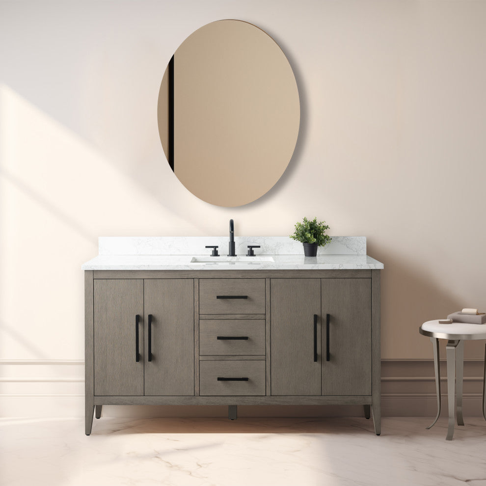 Vanity Art Bathroom Vanity With Sink, Driftwood Gray, 60", Single Sink, Matte Black
