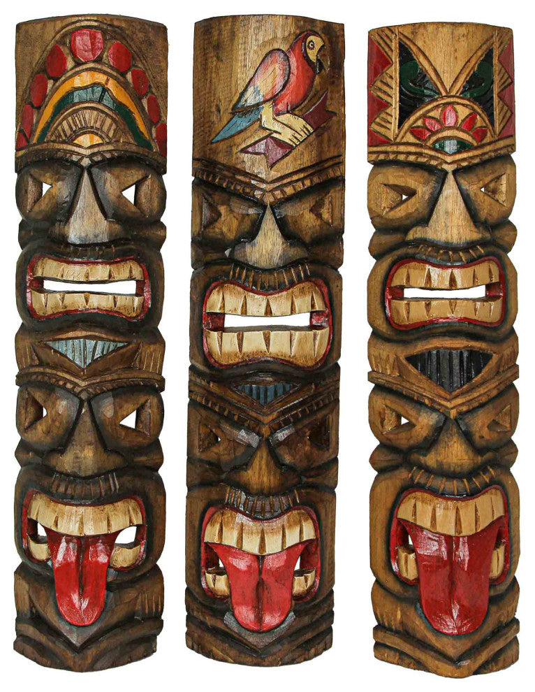 Set of 5 Double Tiki Mask Totem Wall Decor Hand Carved Tribal Sculpture 24 Inch