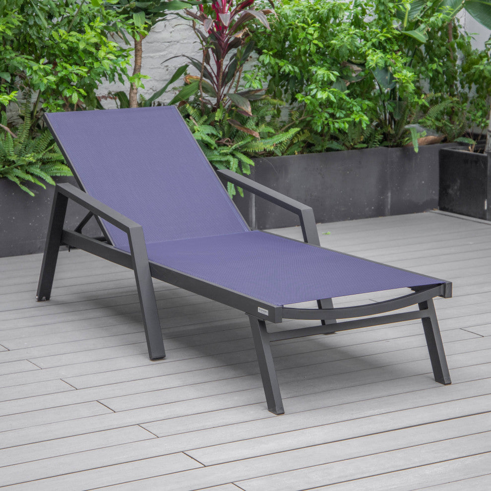 LeisureMod Marlin Chaise Lounge Chair With Arms and Fire Pit Table, Navy Blue