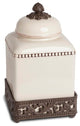 Cream Ceramic Canister with Acanthus Leaf Adorned Metal  Base, 12"