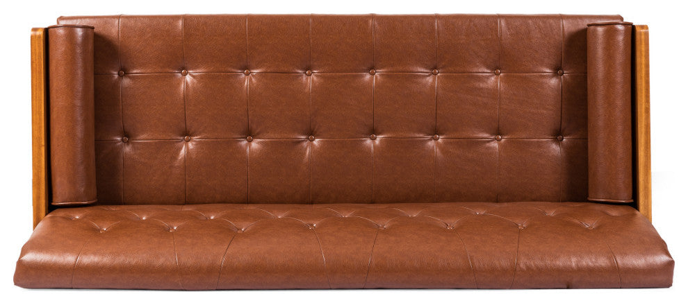 Neil Tufted Sofa With Rolled Accent Pillows, Cognac Brown, Dark Walnut, Gold