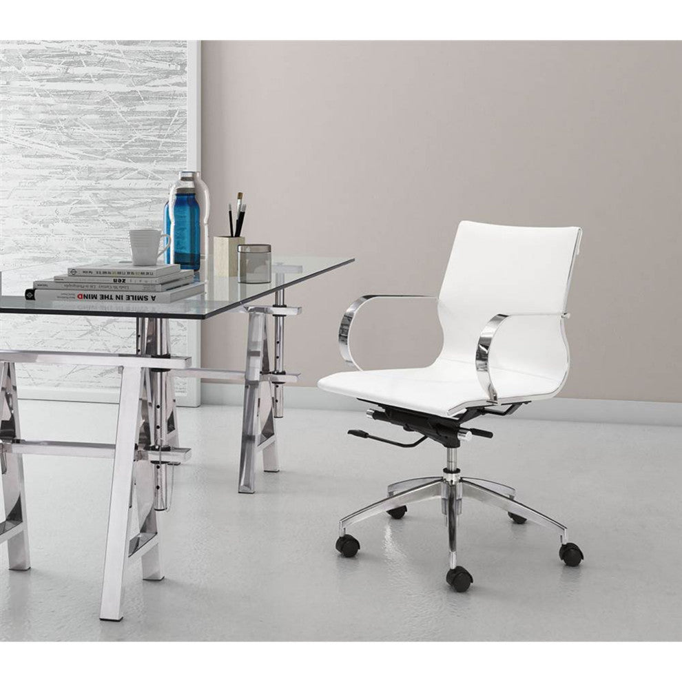 Modern Office Chair, Chrome Frame With Rounded Arms & Faux Leather Seat, White