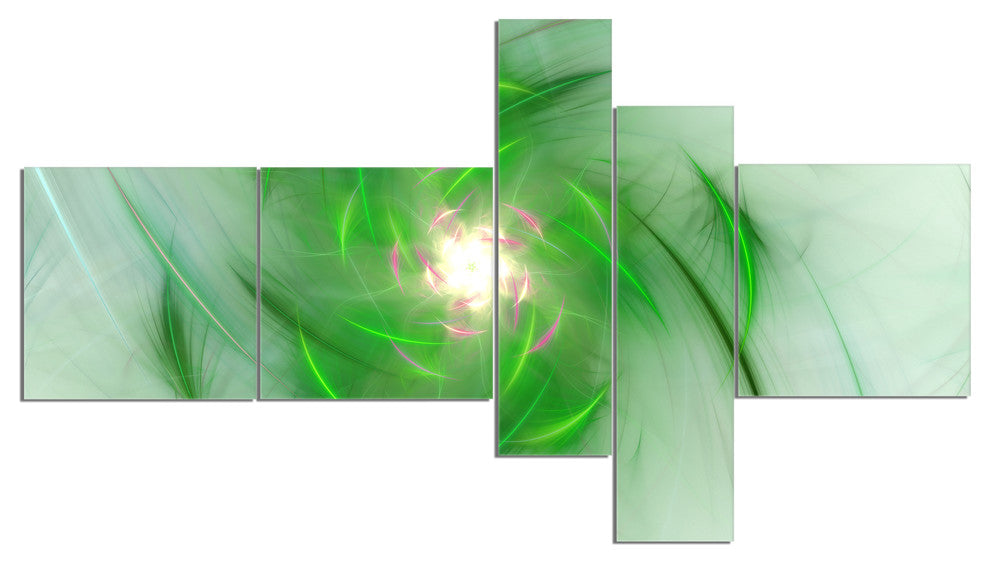 Green on White Fractal Whirlpool, Abstract Wall Art Canvas, 60"x32", 5 panels