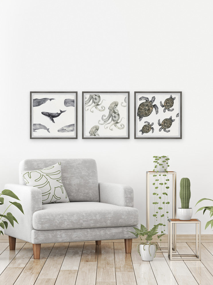 Whales and Octopus Triptych, 3-Piece Set, 12x12 Panels