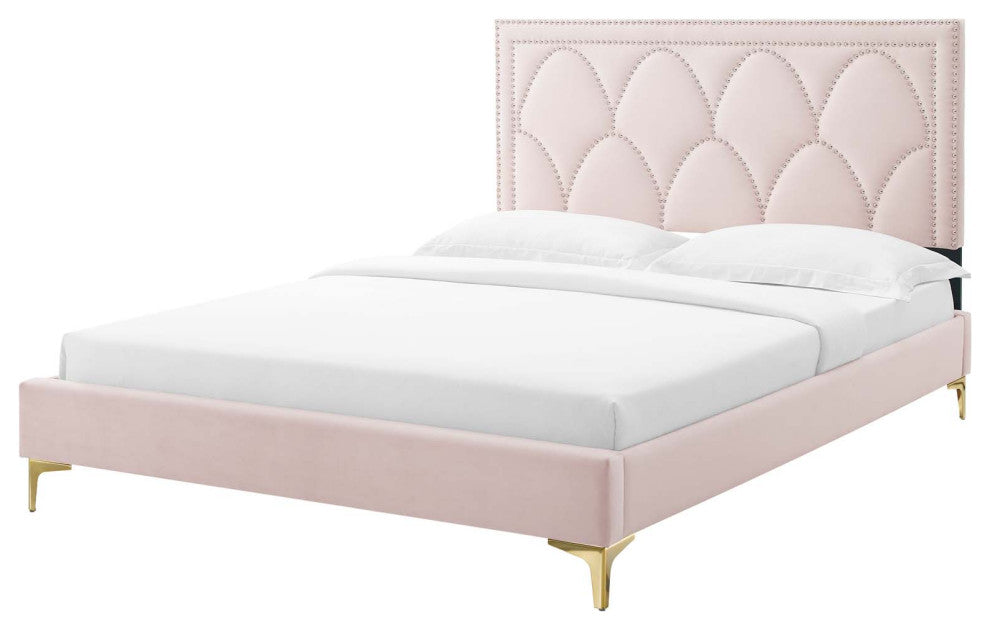 Platform Bed Frame, Nailhead, Queen Size, Pink, Velvet, Modern, Guest Suite