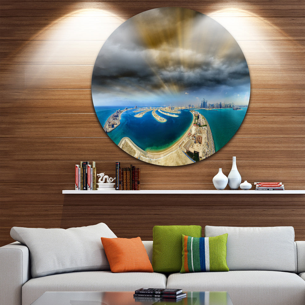 Dubai Jumeirah Palm Aerial View, Seascape Photo Disc Metal Artwork, 11"