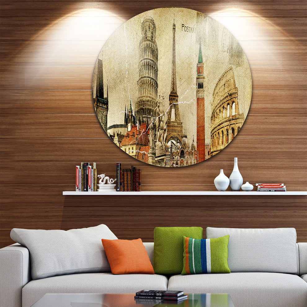 Vintage Postal Card, Contemporary Round Metal Wall Art, 23"