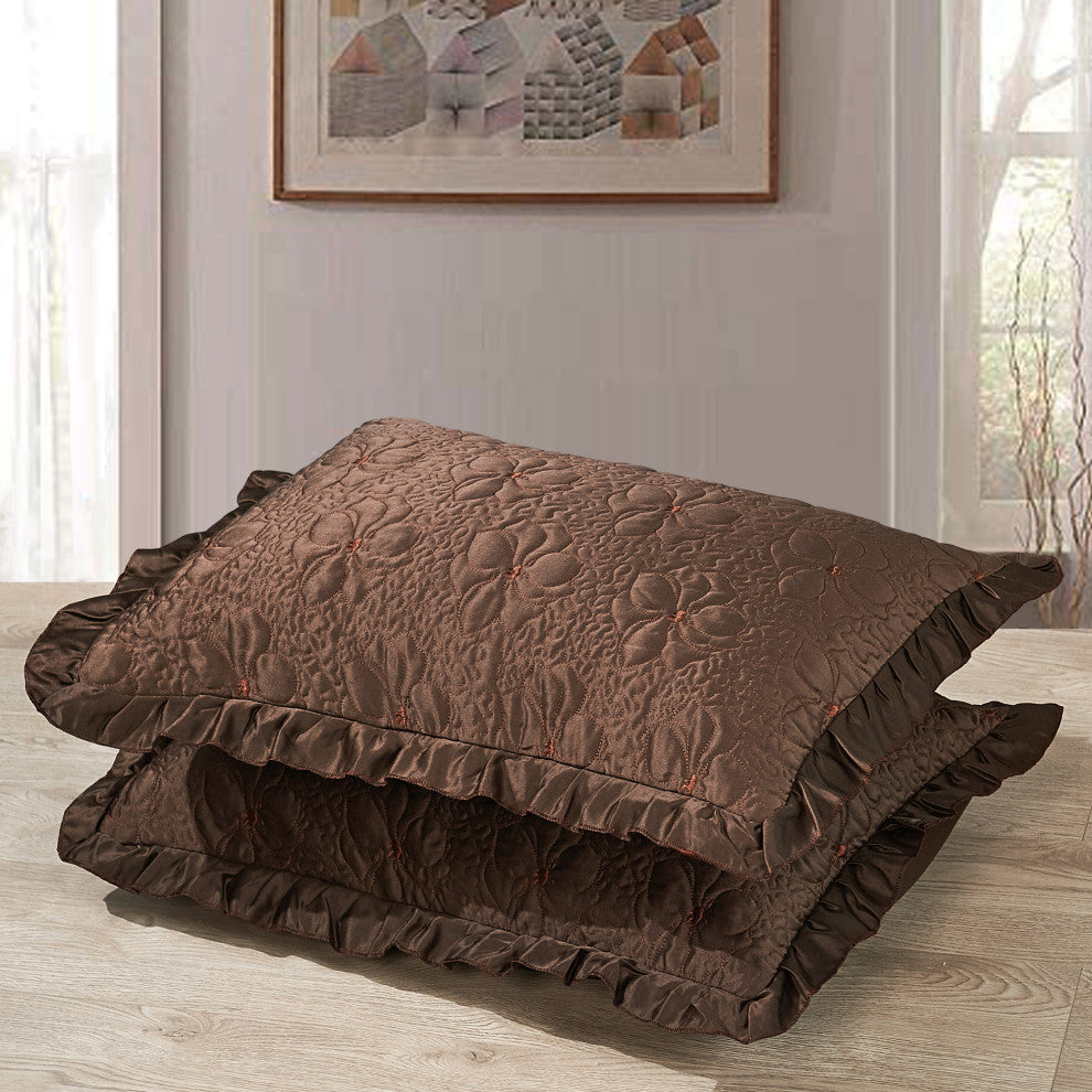 Matte Satin Ruffle 4 Piece Bed Spread Set, Chocolate, King