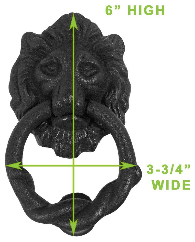 2 Piece Black Lion Front Door Knocker Cast Iron Rustproof Finish 6"