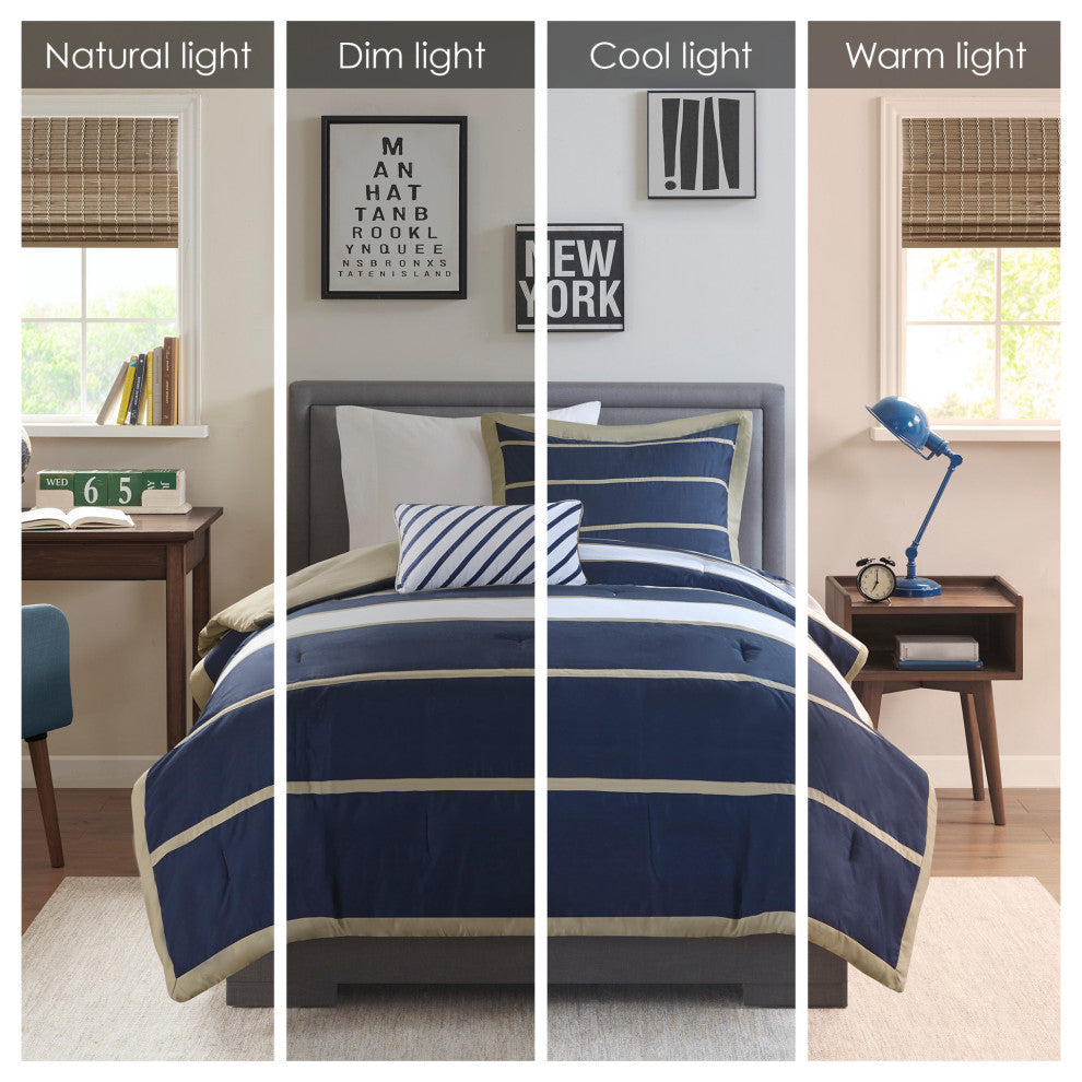 Mi Zone Peach Skin Printed Comforter 3Pcs Set, Khaki/Navy, Twin/Twin Xl