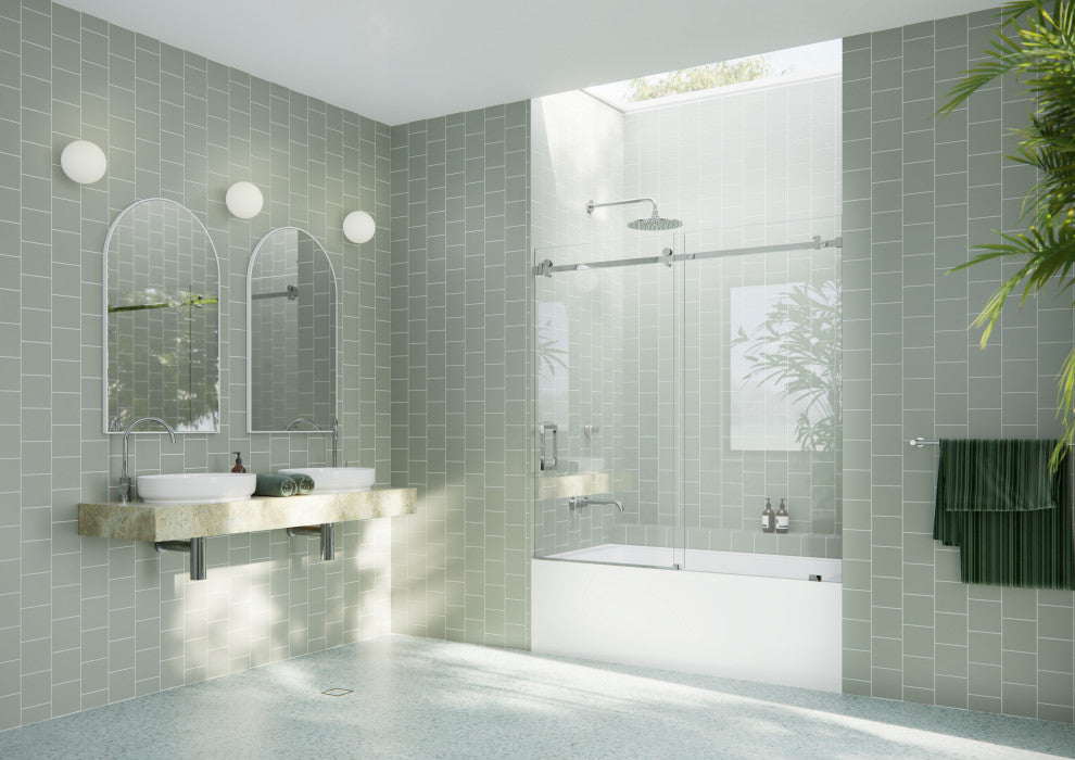 56-60"x60-Frameless Bath Tub Sliding Shower Door Square Hardware, Polished Chrome