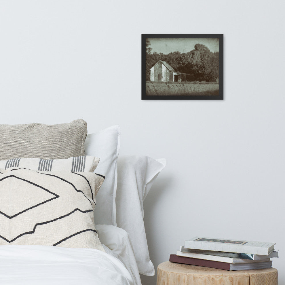Patriotic Barn in Field Vintage Black and White Framed Photo Wall Art Print, Black, 11" X 14"