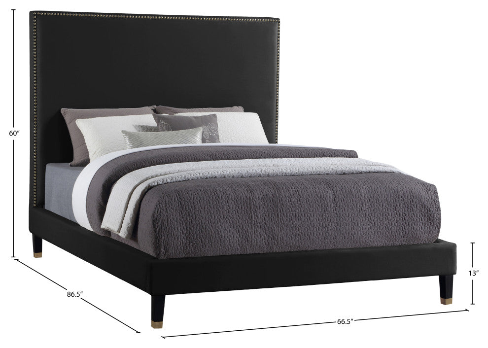 Harlie Velvet Upholstered Bed, Black, Queen