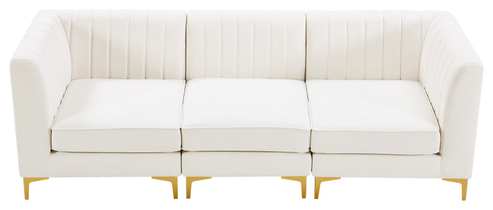 Alina Velvet Upholstered 3-Piece Modular Sofa, Cream