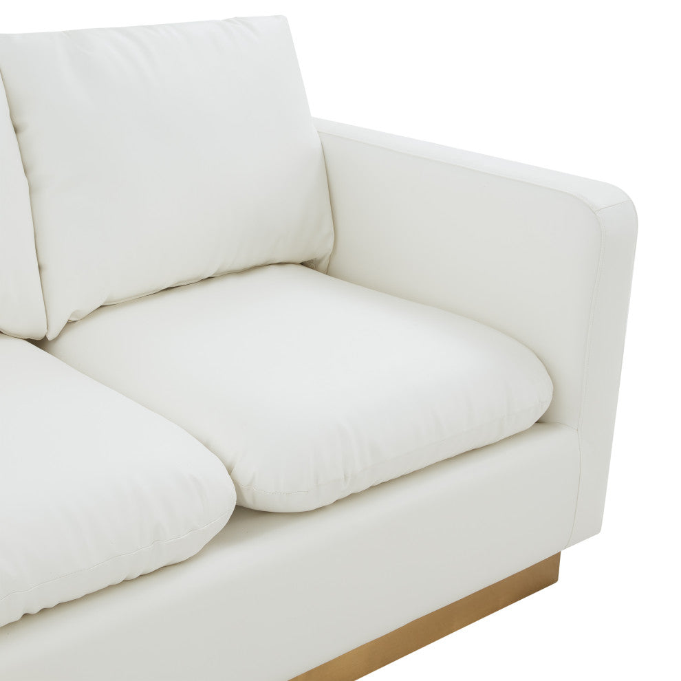 LeisureMod Nervo Modern Leather Loveseat With Gold Base, White