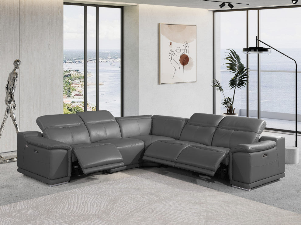 Federico 5-Piece L-Shaped Top Grain Italian Leather Sectional, Dark Grey