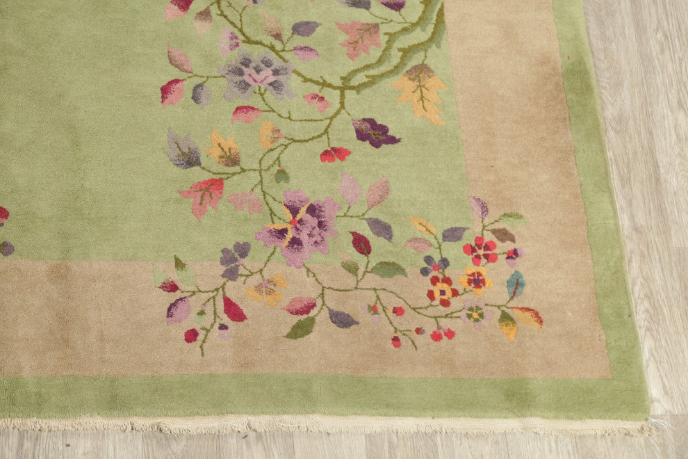 Consigned, Vintage Floral Area Rug Art Deco Oriental Hand-Knotted, Green, 9 X 12