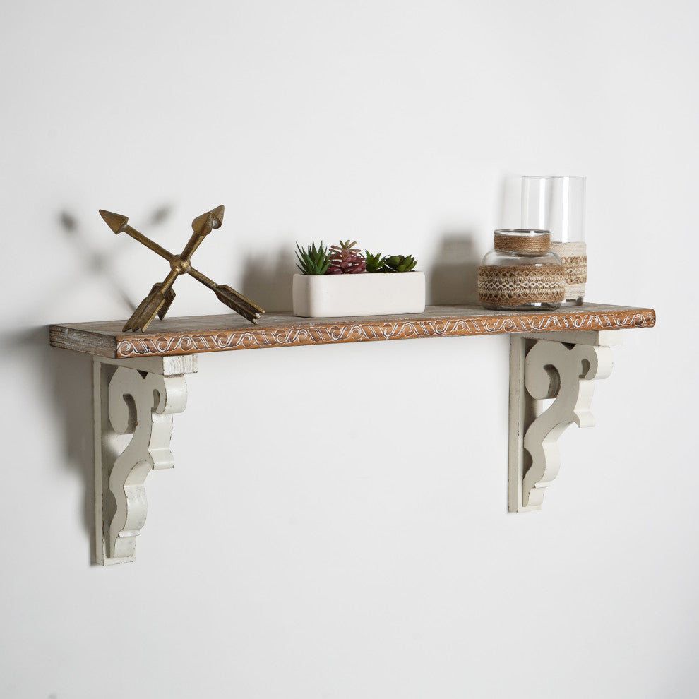 Whitewashed Distressed Antique Wood Corbel Wall Shelf Brackets, Set of 2