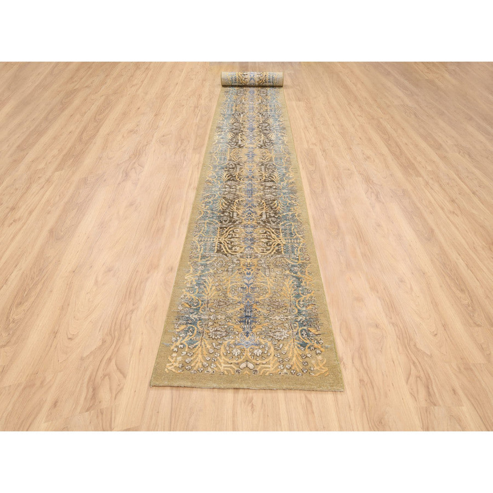 Honey Brown, Hand Knotted, Silk With Textured Wool, XL Runner Rug, 2'7" x 22'0"
