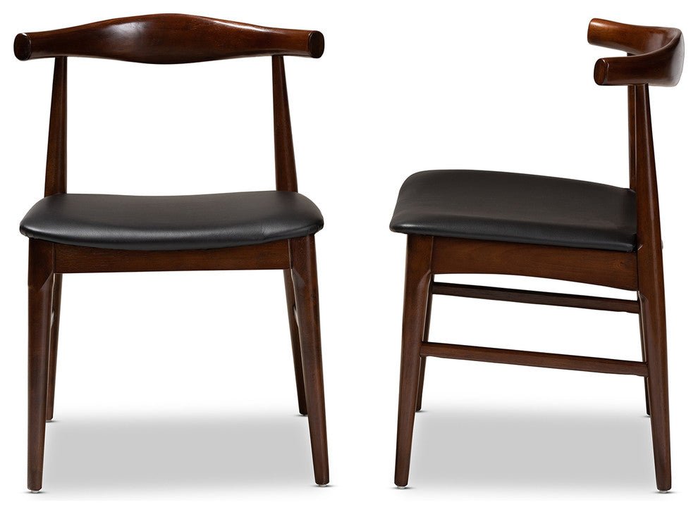 Eira Mid-Century Modern Black Faux Leather Walnut Wood Dining Chairs, Set of 2