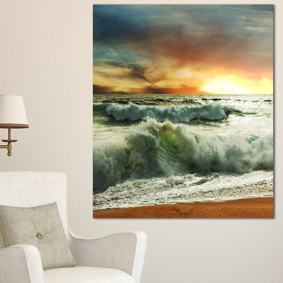 Rushing Waves in Evening Beach, Large Seashore Canvas Print, 30"x40"