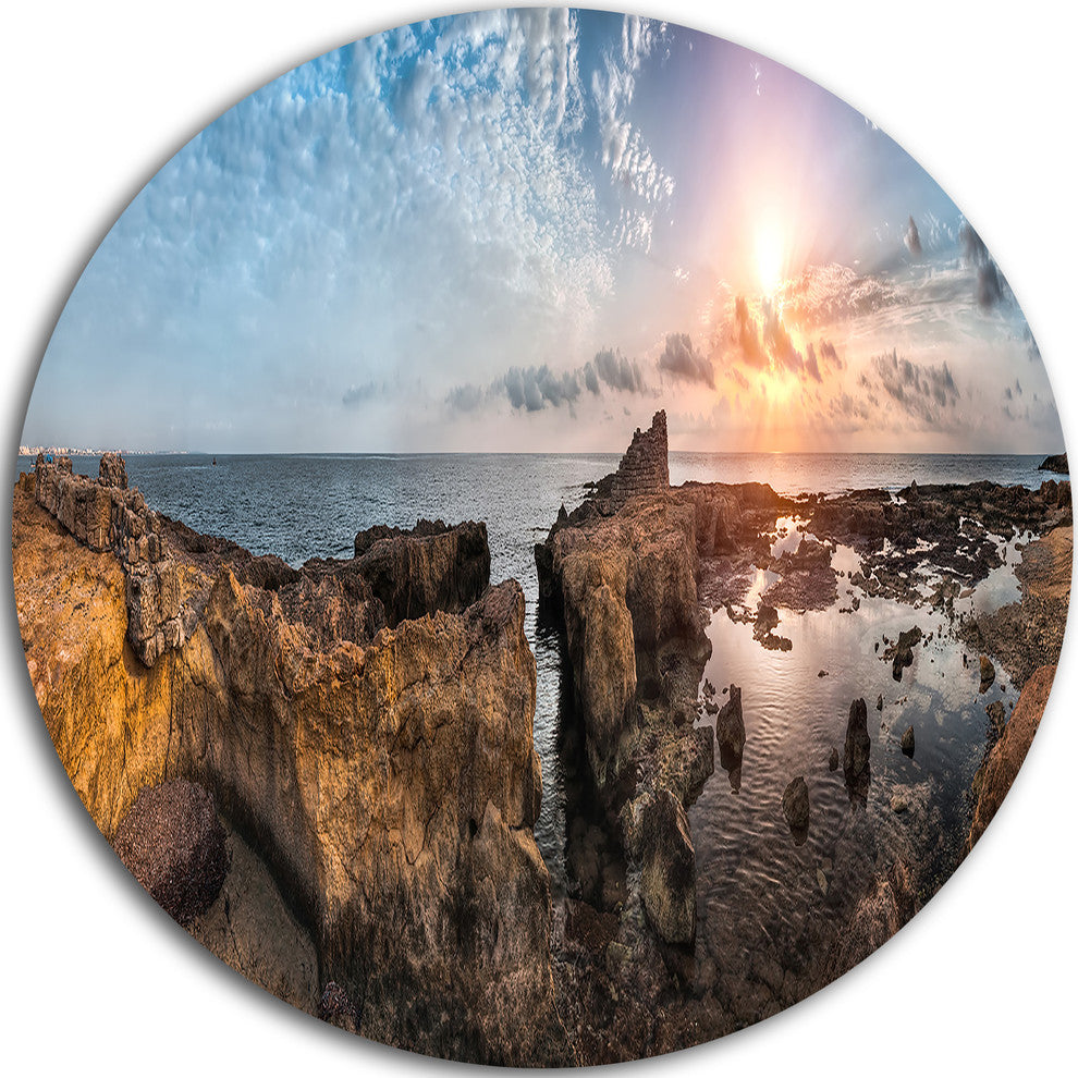 Beach With Ancient Ruins Panorama, Landscape Round Wall Art, 36"