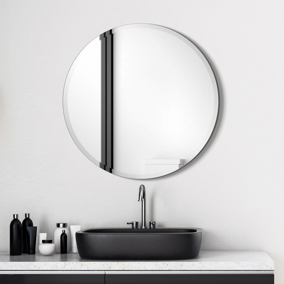 Frameless Beveled Round Wall Mirror, 1" Beveled Edge, 30"x30"