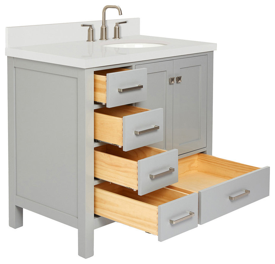 ARIEL Cambridge 37" Right Offset Oval Sink Bathroom Vanity Grey With Quartz Top