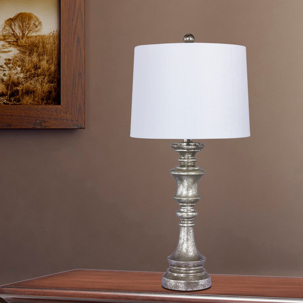 27.75" Candlestick Resin Table Lamp, Antiqued Silver Leaf