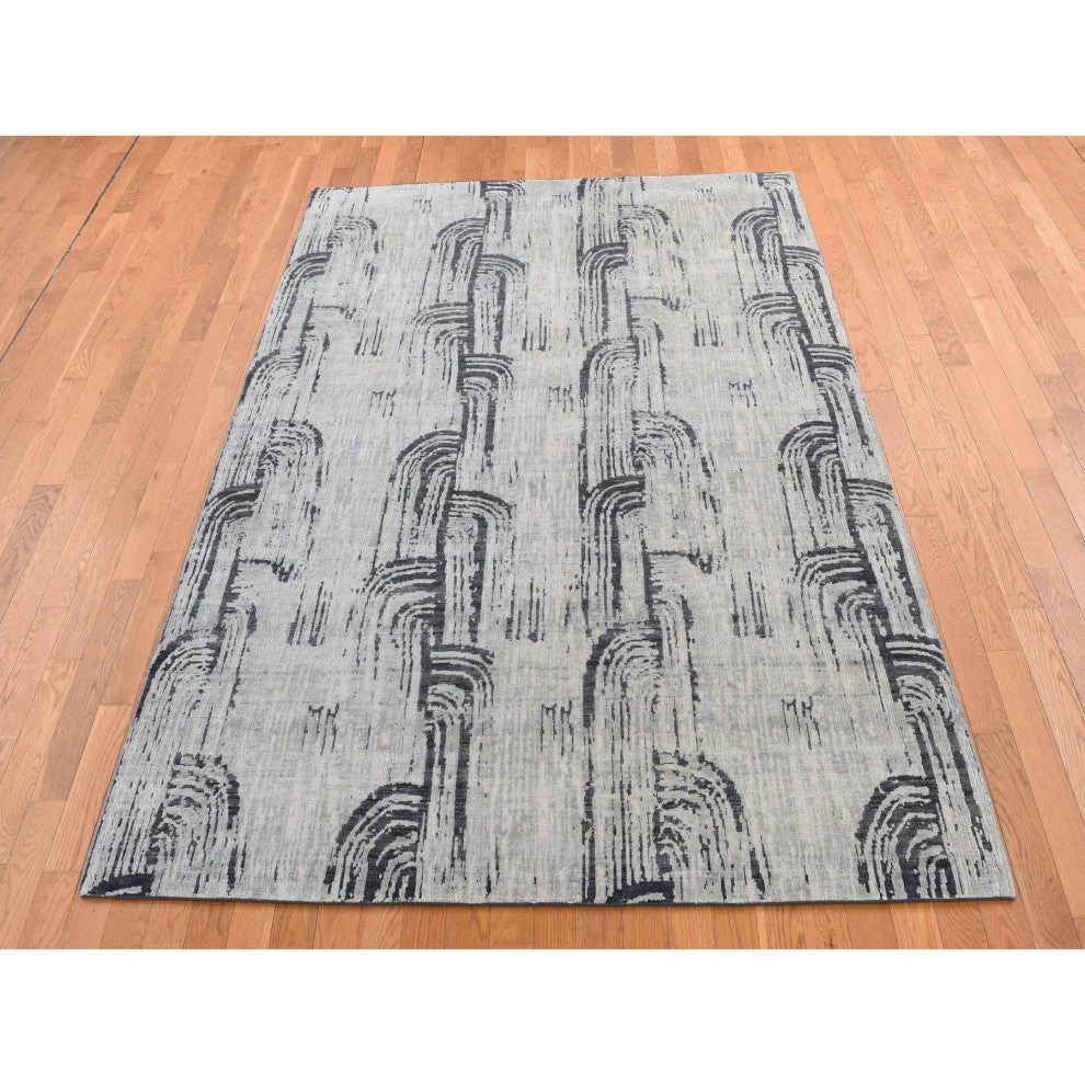 Cloud Gray THE CANE Pure Silk With Textured Wool Hand Knotted Rug 6'x9'