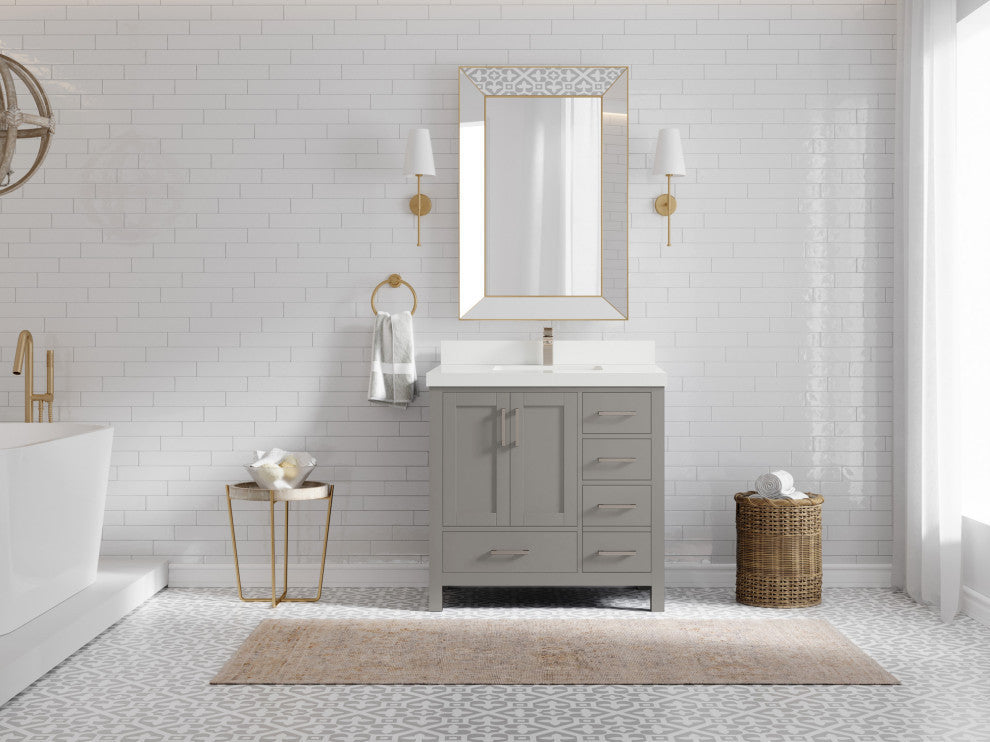 Malibu 36 Center Sink Bath Vanity in Elephant Skin Gray 2" White Quartz