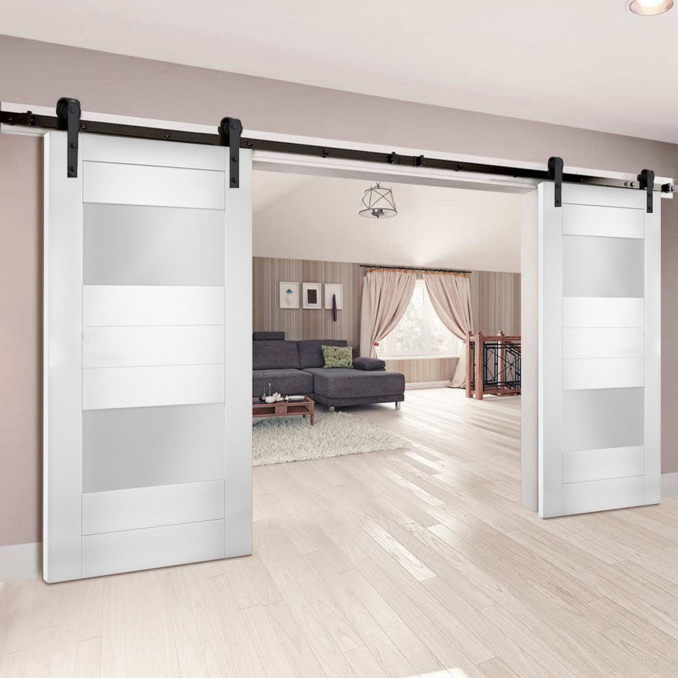 Double Barn Doors Opaque Glass / Sete 6222 White Silk / 13FT Rail, 60" X 84" ( 2* 30x84)