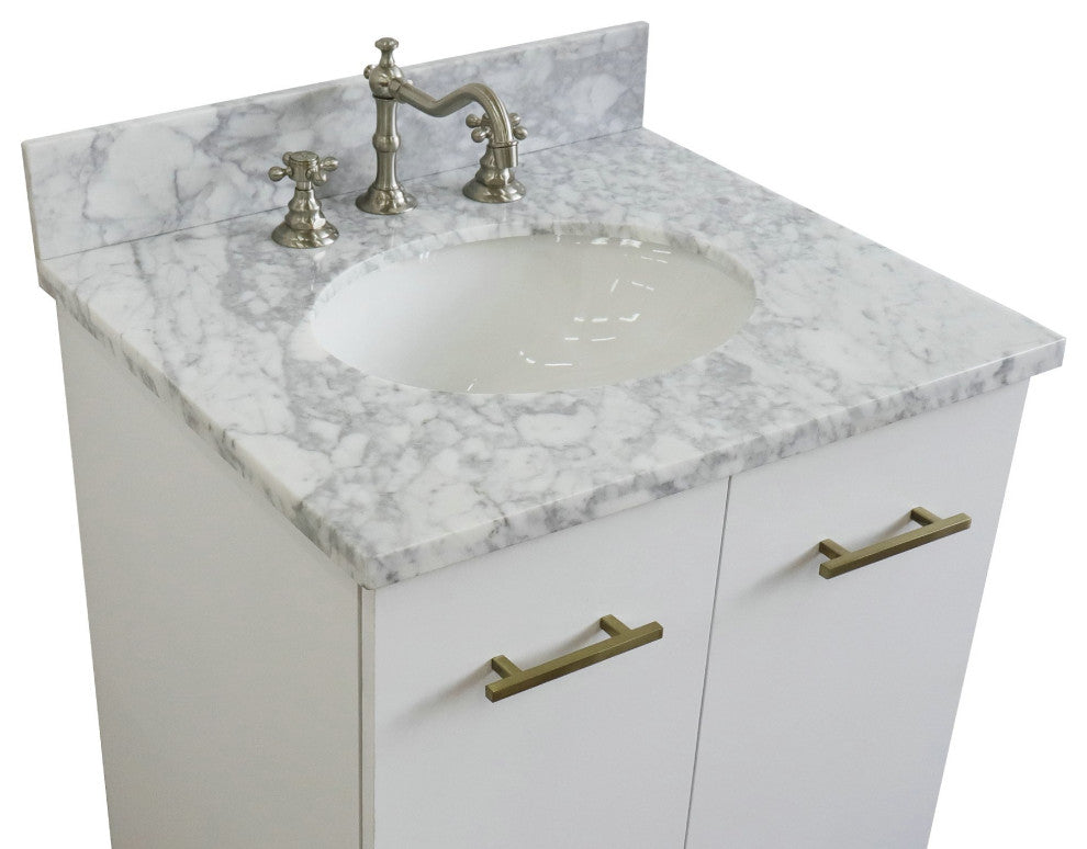 25" Single Sink Vanity, White Finish With White Carrara Marble And Oval Sink