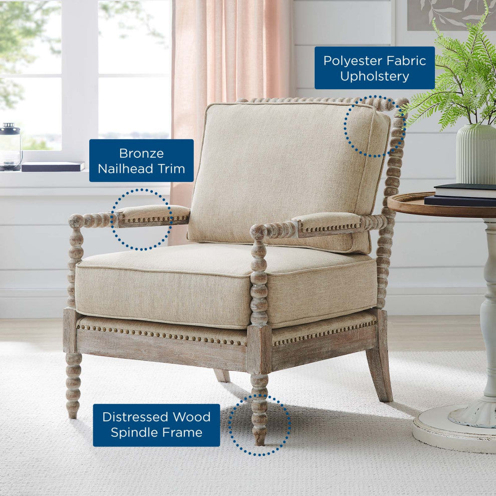 Armchair Accent Chair, Nailhead, Beige, Fabric, Modern, Lounge Cafe Hospitality
