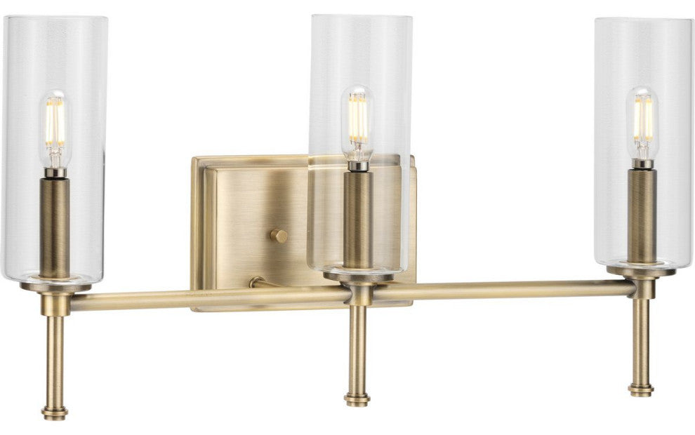 3-Light Clear Glass New Traditional Bath Vanity Light, Vintage Brass