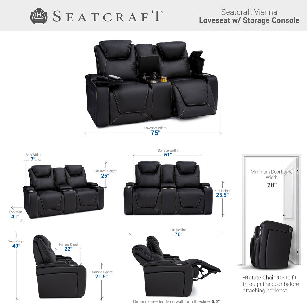 Seatcraft Vienna Leather Home Theater Seating Power Recline Loveseat, Brown