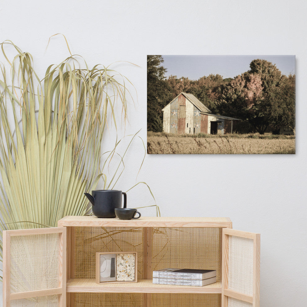 Patriotic Barn in Field Aged Rural Landscape Canvas Wall Art Print, 24" X 36"