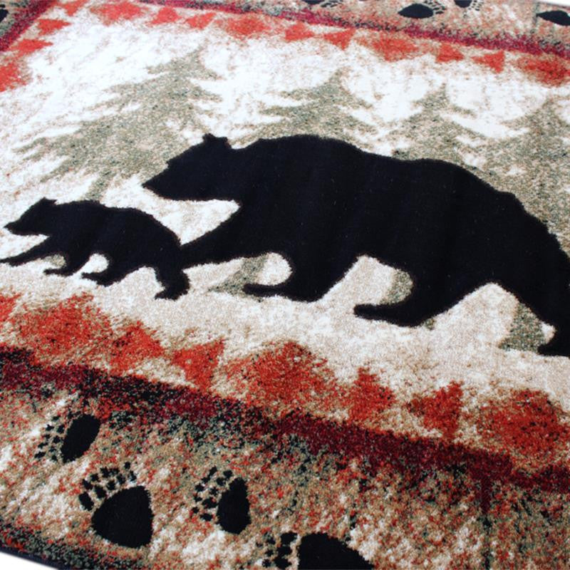 Ursus Collection Rustic Lodge Black Bear and Cub Area Rug with Jute Backing, Brown, 5' X 7'