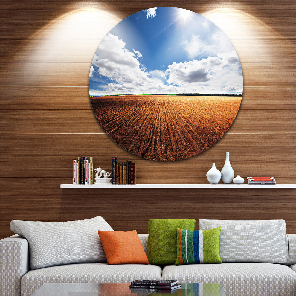 Expansive Field Under White Clouds, Landscape Round Metal Wall Art, 11"