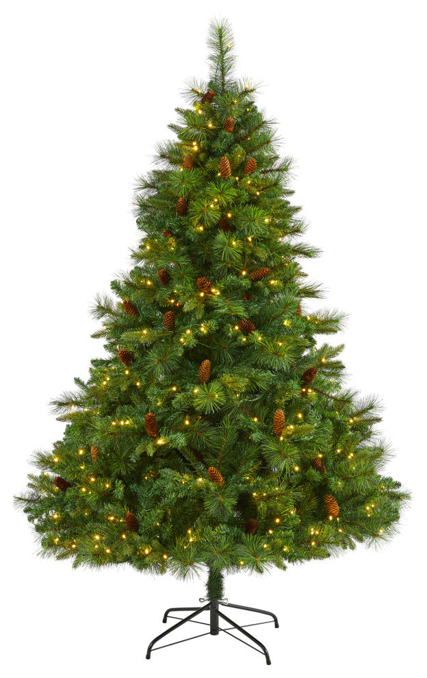 6.5' West Virginia Full Bodied Mixed Pine Faux Xmas Tree W/ Lights & Pinecones